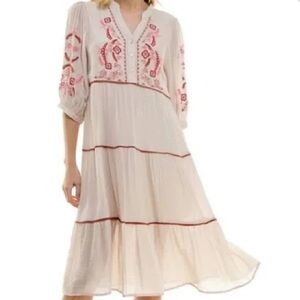 Fig + Flower Tan Midi Dress with Burgundy Pink Embroidery. Size Large.